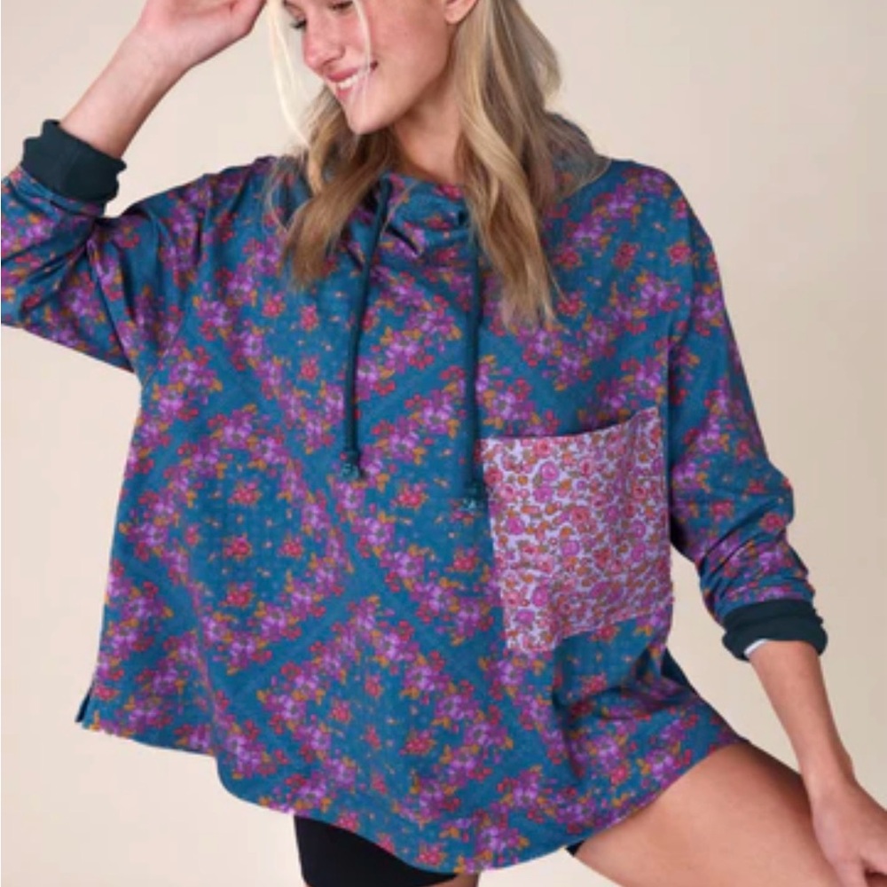 NATURAL LIFE Teal Floral Hooded Sweatshirt with Contrast Pocket